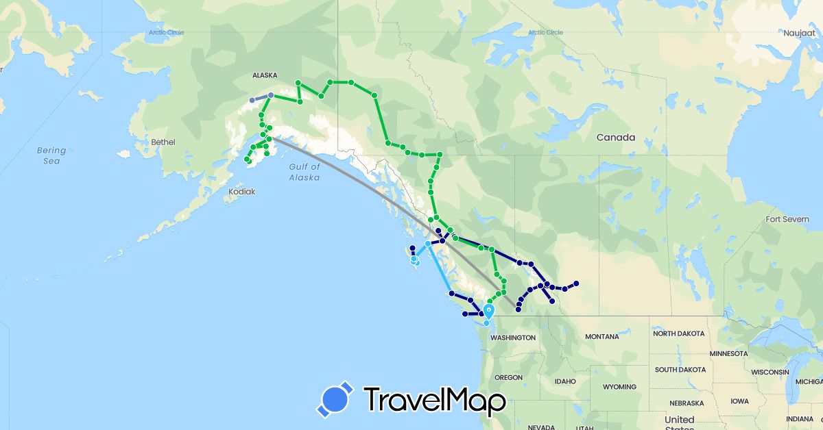 TravelMap itinerary: driving, bus, plane, cycling, boat in Canada, United States (North America)